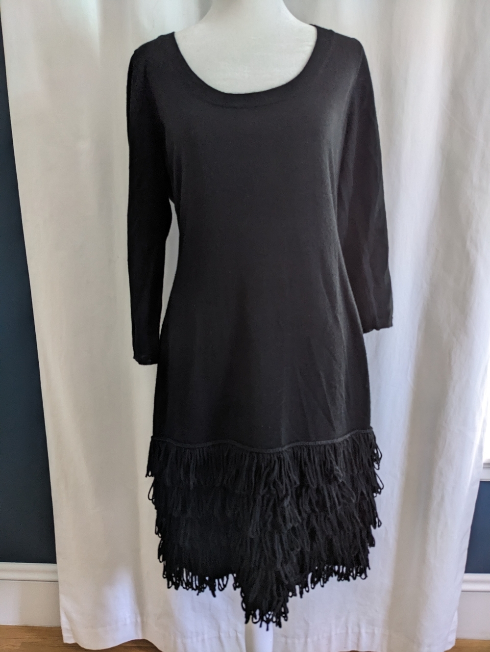 Soft Surroundings Theodora Sweater Dress Black Fringe Loop Bottom Hem Size Small